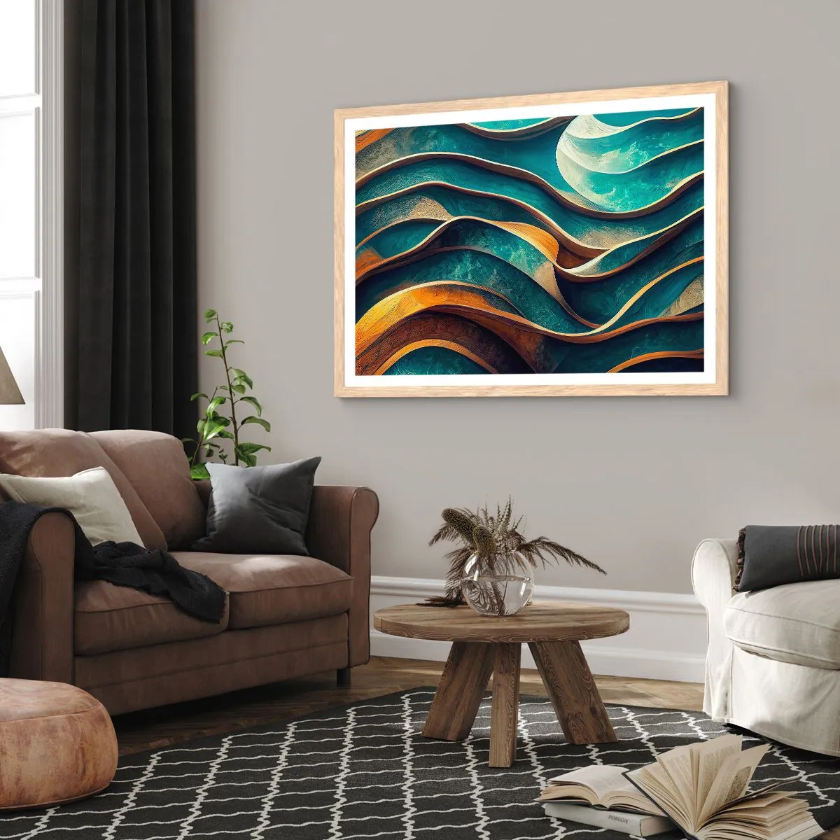 Plagát v ráme zo svetlého duba - Meandre modrej - 100x70 cm