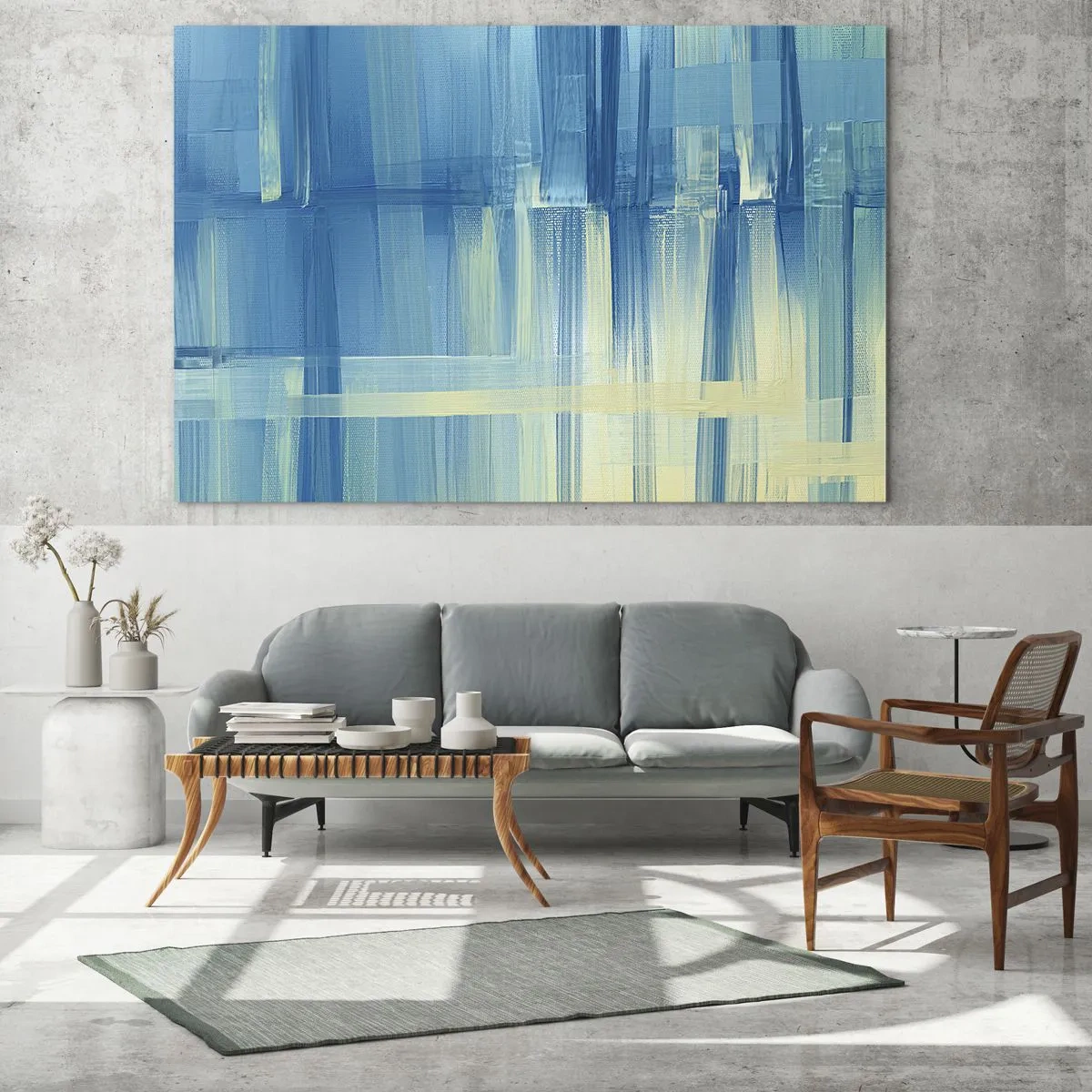 Obraz na skle - Abstraktné ťahy štetcom v tyrkysovej a žltej farbe - 70x50cm - Kompozícia v tyrkyse - Moderná nástenná dekorácia do obývacej izby a spálne ARTTOR