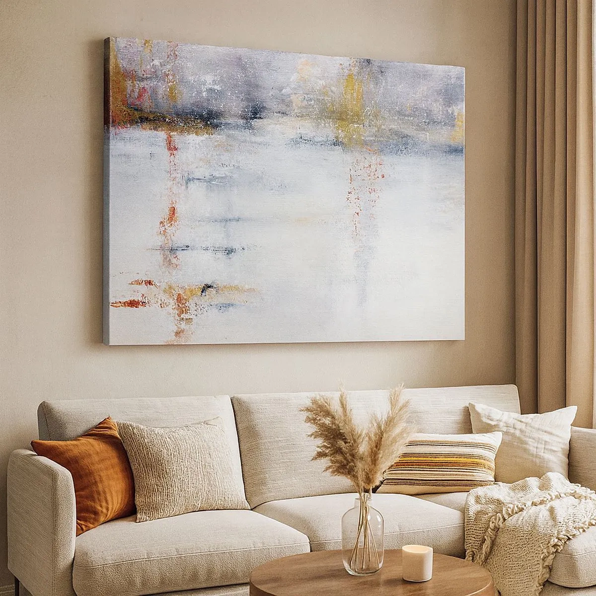 Obraz na plátne - Abstraktná krajina s rozmazanými akcentmi sivej a zlatej. - 70x50cm - Za závojom vzduchu - Moderná nástenná dekorácia do obývacej izby a spálne ARTTOR