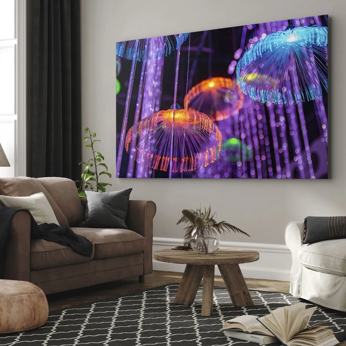 Obraz na plátne - Farebné svietiace medúzy v tmavom prostredí - 70x50cm - Svetelná fontána - Moderná nástenná dekorácia do obývacej izby a spálne ARTTOR