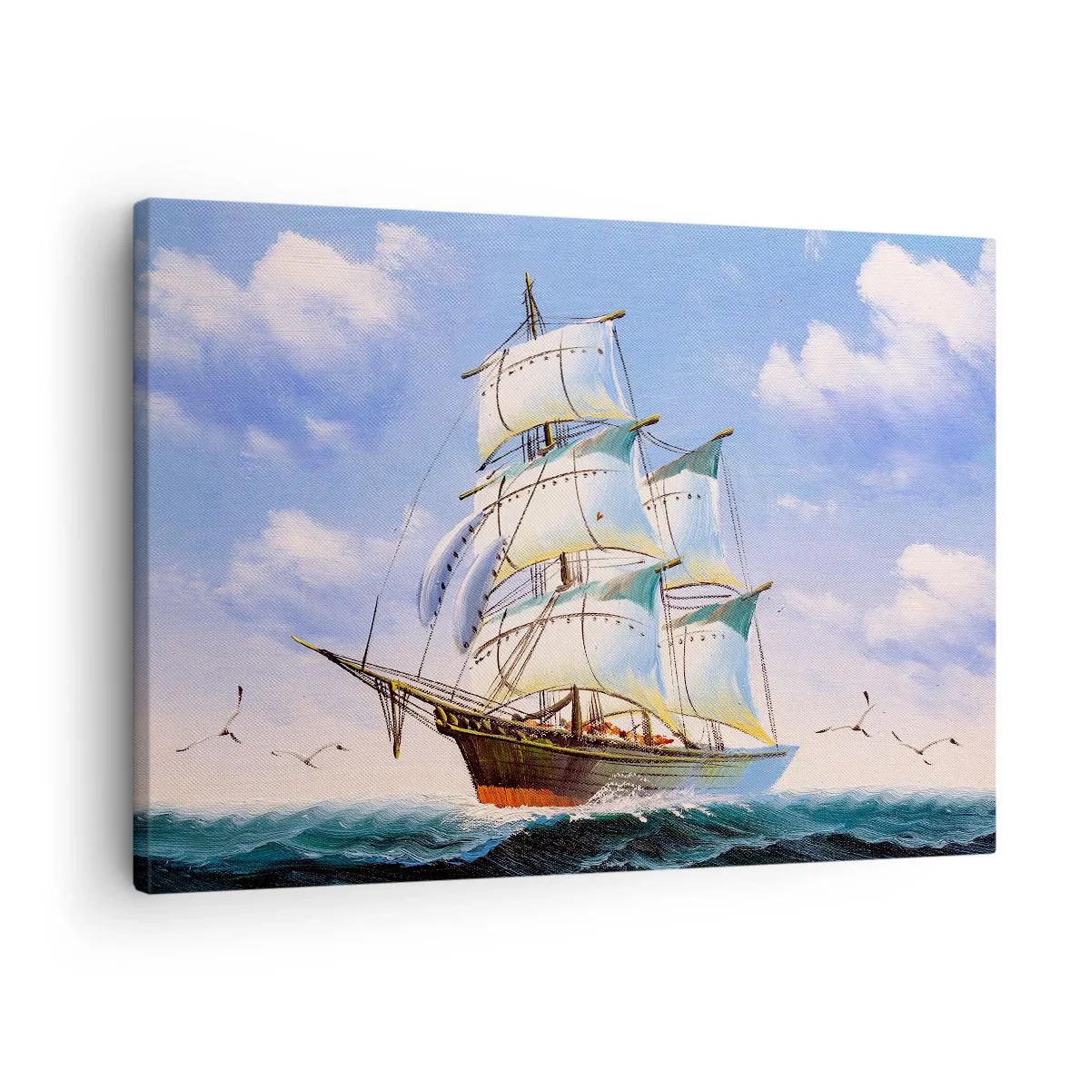 Obraz na plátne - Plachetnica na otvorenom mori pod modrou oblohou - 70x50cm - Hrdo s vetrom - Moderná nástenná dekorácia do obývacej izby a spálne ARTTOR