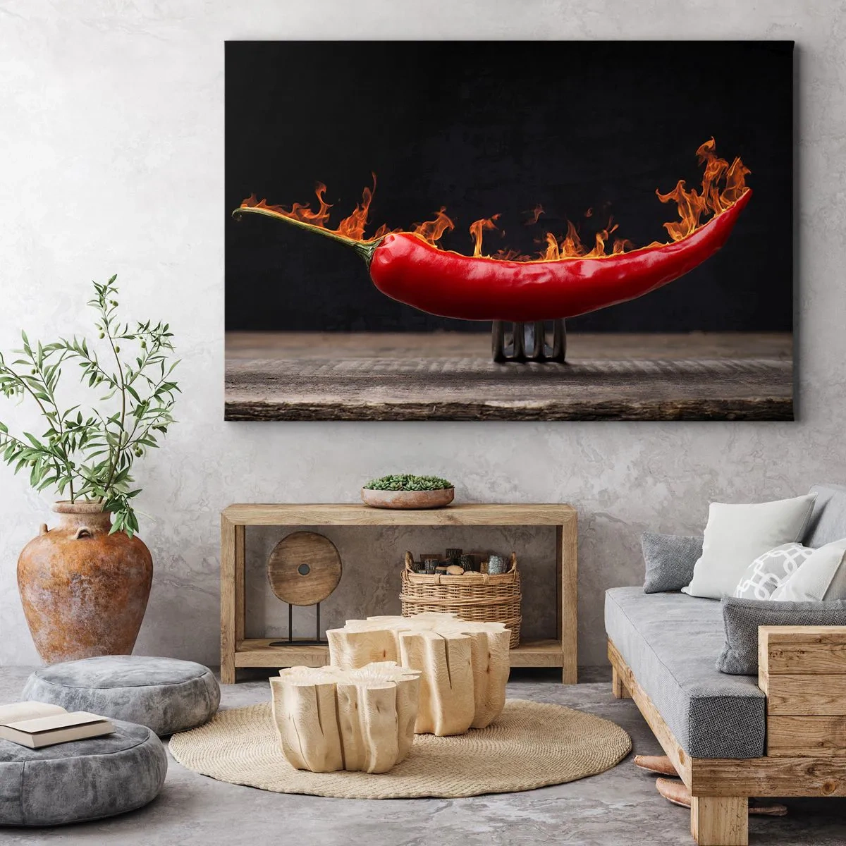 Obraz na plátne - Horiaca červená paprika na vidličke - 70x50cm - Ohnivé predjedlo - Moderná nástenná dekorácia do obývacej izby a spálne ARTTOR