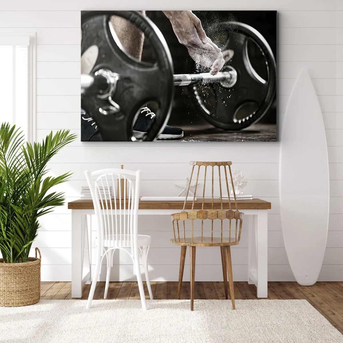Obraz na plátne - Činky a ruky atléta pripravujúce sa na tréning - 70x50cm - Výzva prijatá! - Moderná nástenná dekorácia do obývacej izby a spálne ARTTOR