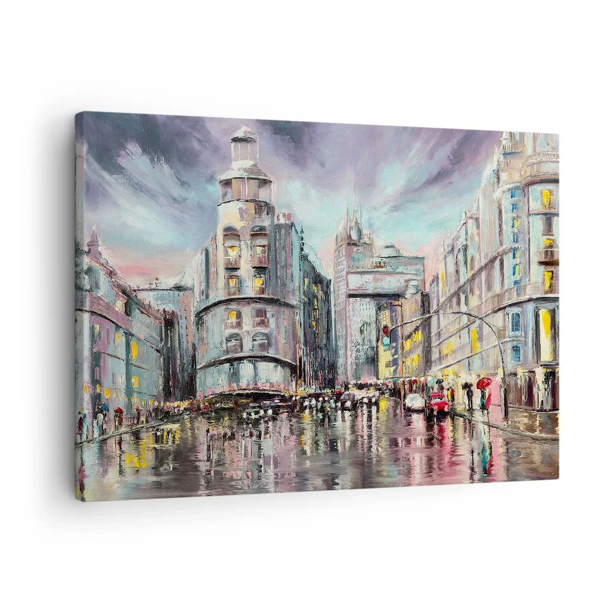 Obraz na plátne - Večerný pohľad na mesto s odrazmi na mokrej ulici - 70x50cm - To bude vydarený večer - Moderná nástenná dekorácia do obývacej izby a spálne ARTTOR