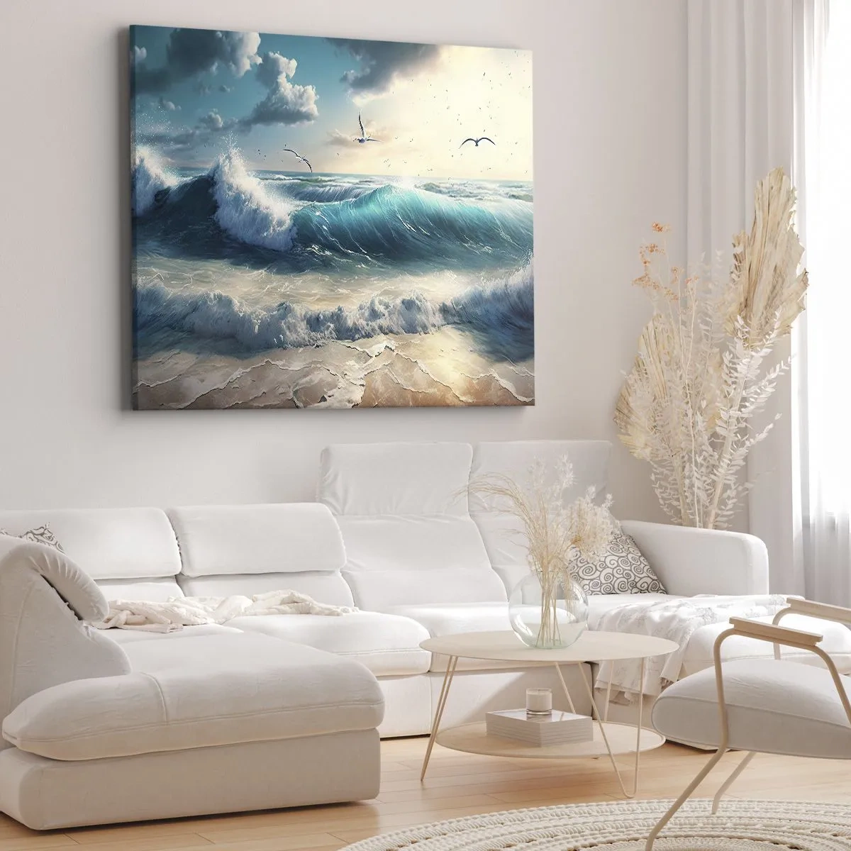Obraz na plátne - Morské vlny na pláži pod modrou oblohou s čajkami - 70x50cm - Šušťanie len pre teba - Moderná nástenná dekorácia do obývacej izby a spálne ARTTOR