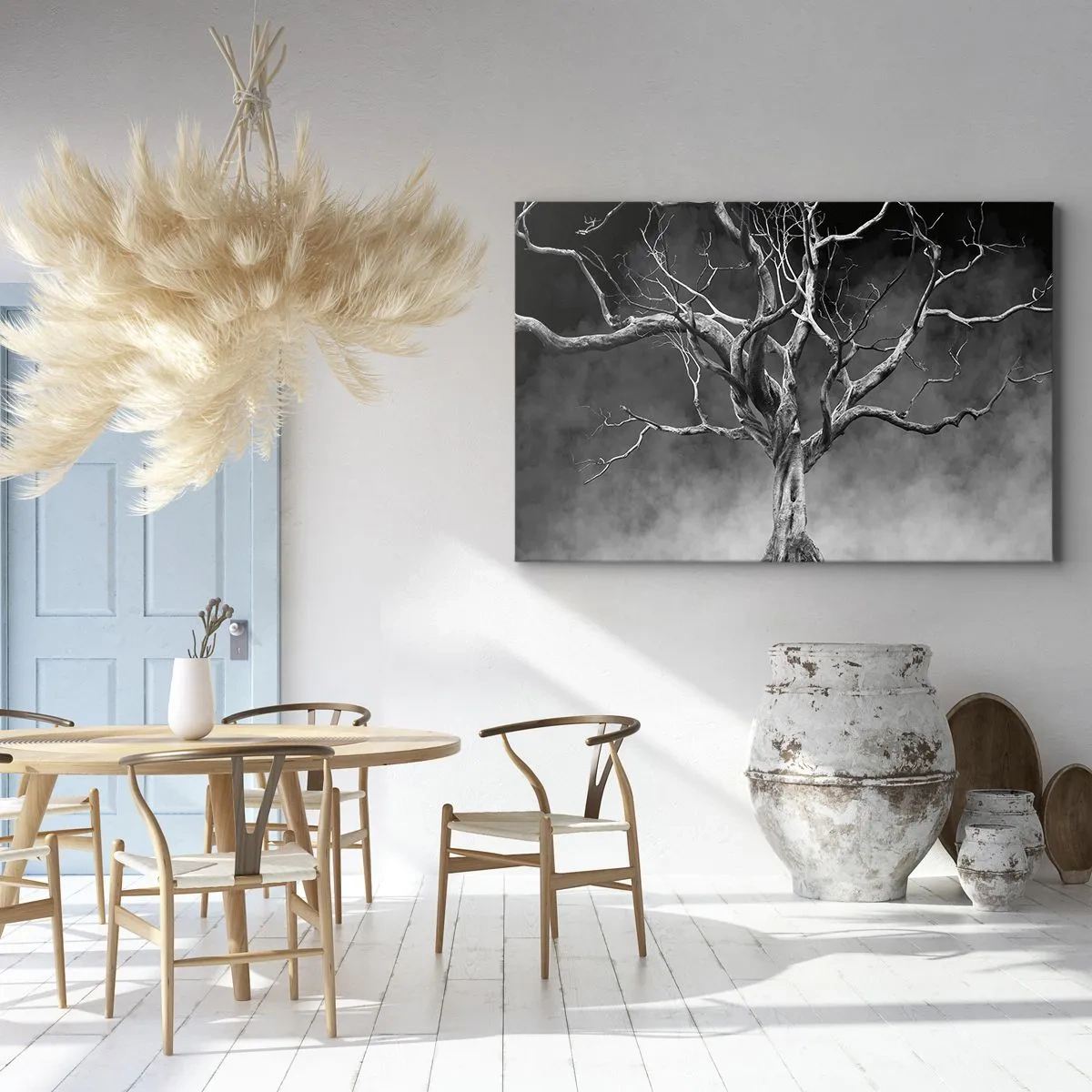 Obraz na plátne - Suchý strom v čiernobielom prevedení proti hmle - 70x50cm - Pôvodné a sväté - Moderná nástenná dekorácia do obývacej izby a spálne ARTTOR