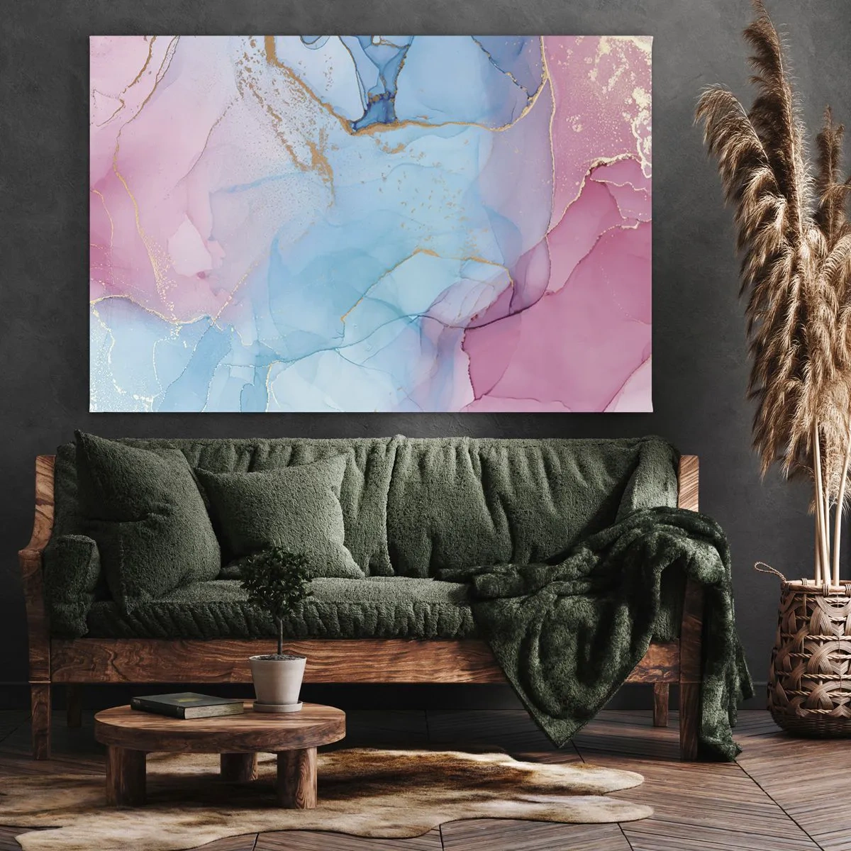 Obraz na plátne - Abstraktné pastelové vzory so zlatými akcentmi - 70x50cm - Stretávanie a prelínanie - Moderná nástenná dekorácia do obývacej izby a spálne ARTTOR