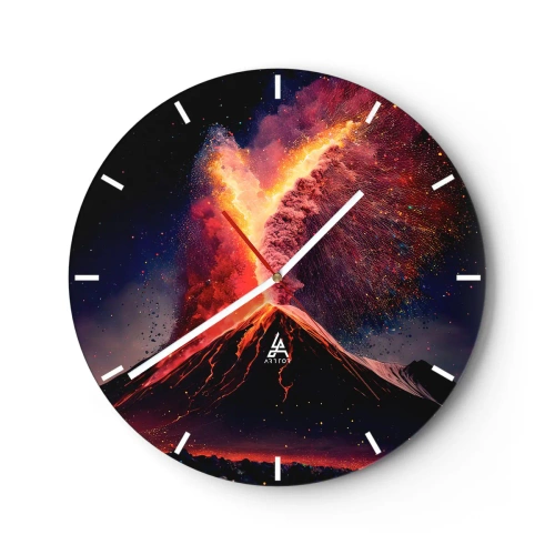 Nástenné hodiny - Sopečná erupcia s fontánou ohňa a dymu na nočnom pozadí - 30x30cm - Krása a hrôza - Moderná nástenná dekorácia do obývacej izby, kuchyne a spálne ARTTOR