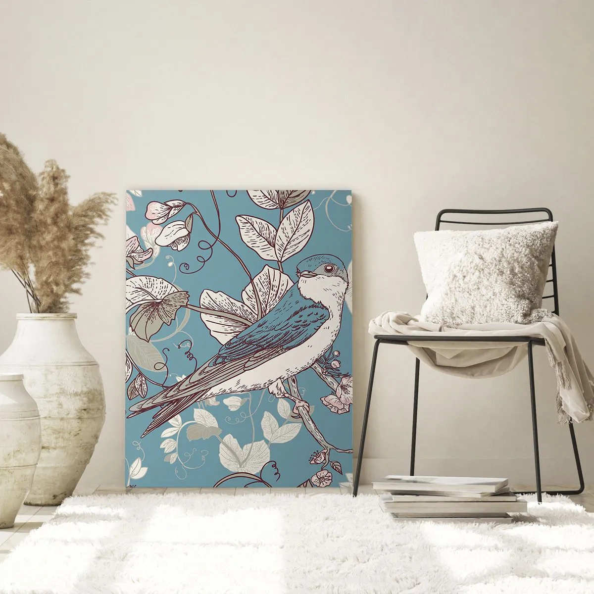 Obraz na skle - Na bielom strome vtáky a strieborné lístie - 50x70 cm