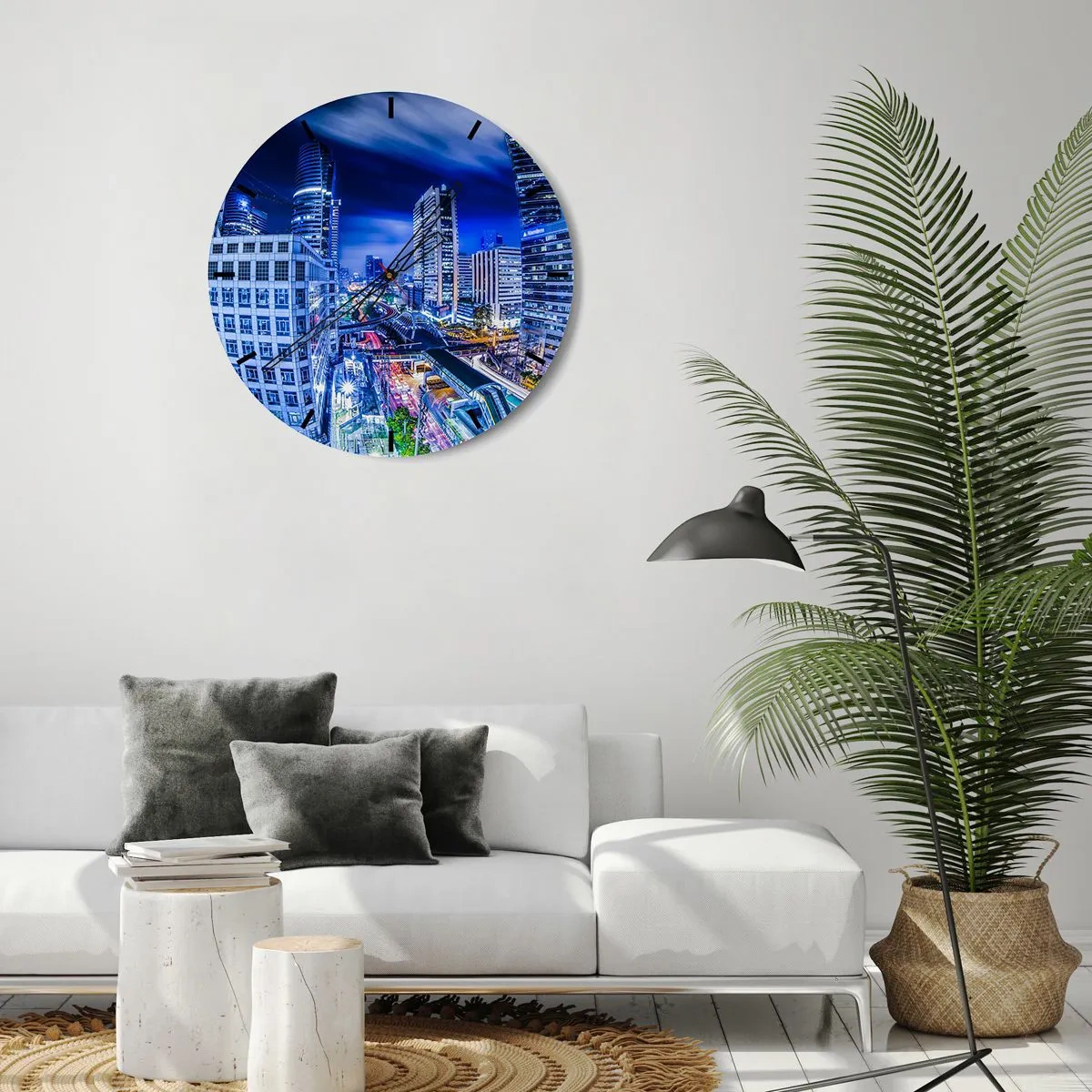 Nástenné hodiny - Moderné mrakodrapy osvetlené v noci - 30x30cm - Rytmy nočného mesta - Moderná nástenná dekorácia do obývacej izby, kuchyne a spálne ARTTOR