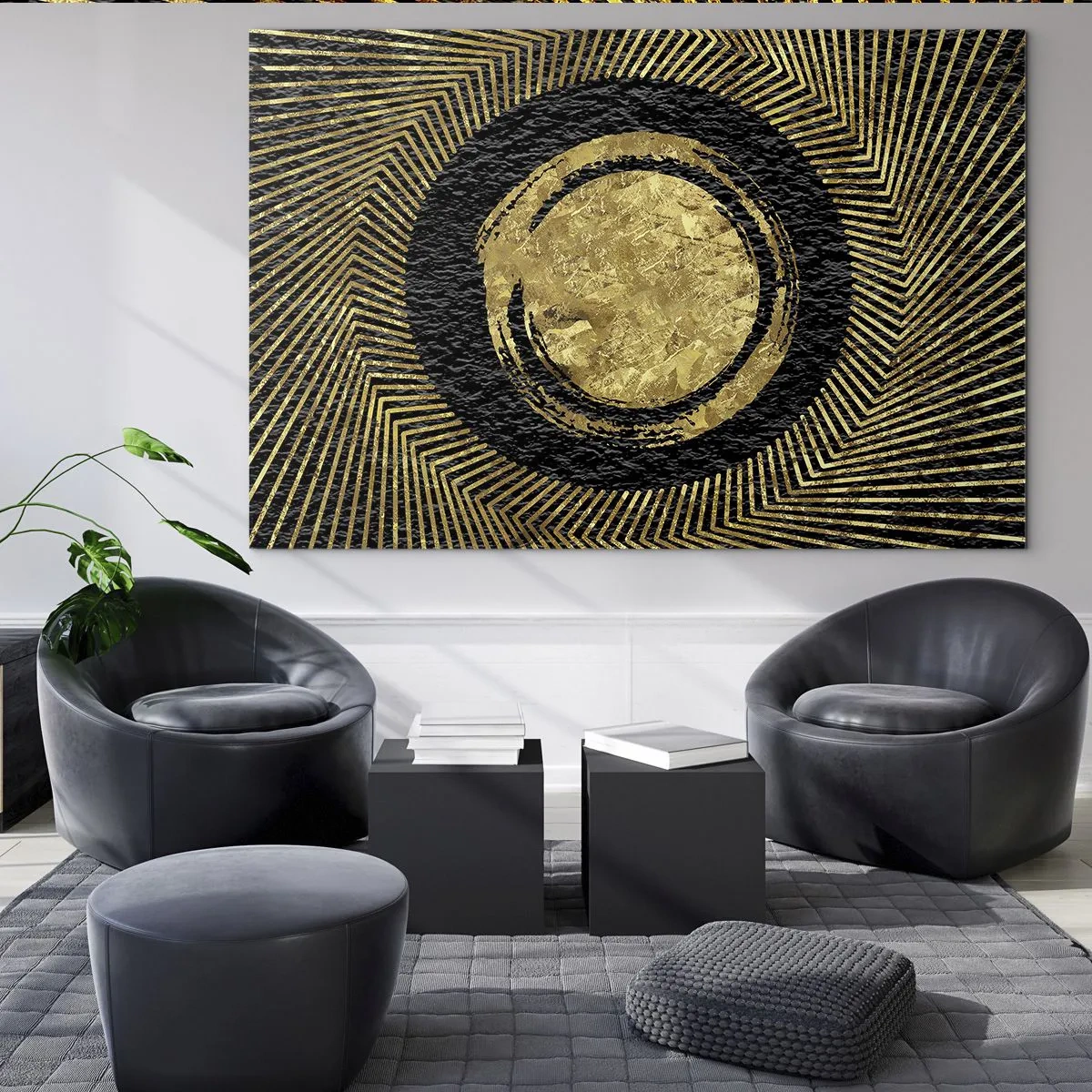 Obraz na skle - Zlatý kruh s lúčmi na čiernom pozadí v očarujúcom štýle - 70x50cm - Glamour - Moderná nástenná dekorácia do obývacej izby a spálne ARTTOR