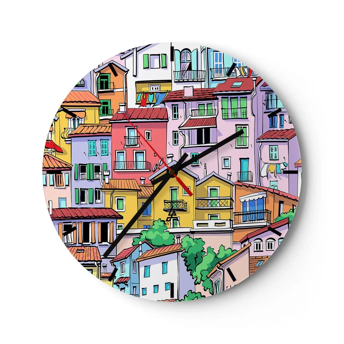 Nástenné hodiny - Farebné činžiakové domy v ilustratívnom štýle - 30x30cm - Veselé mesto - Moderná nástenná dekorácia do obývacej izby, kuchyne a spálne ARTTOR