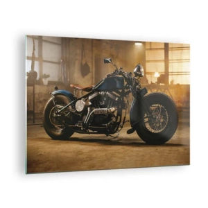 Obraz na skle - Atmosférický záber klasického motocykla v garáži - 70x50cm - Môžem všetko - Moderná nástenná dekorácia do obývacej izby a spálne ARTTOR