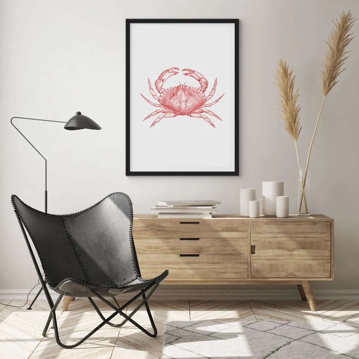 Plagát v čiernom ráme - Vintage krab kresba na svetlom pozadí - 50x70cm - Krab nad kraby - Moderná nástenná dekorácia do obývacej izby a spálne ARTTOR