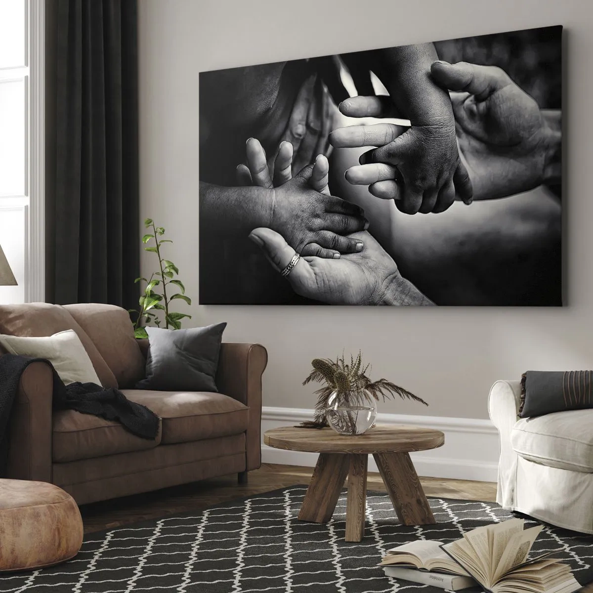 Obraz na plátne - Čiernobiele ruky rôznych generácií - 70x50cm - Byť človekom - Moderná nástenná dekorácia do obývacej izby a spálne ARTTOR