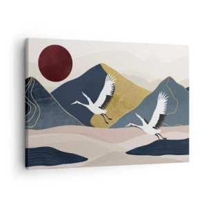 Obraz na plátne - Žeriavy za letu na pozadí hôr a červeného slnka - 70x50cm - Opäť ubehol ďalší deň - Moderná nástenná dekorácia do obývacej izby a spálne ARTTOR