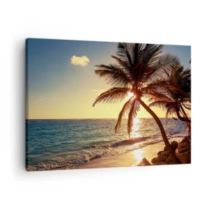 Obraz na plátne - Tropický západ slnka nad plážou s palmami - 70x50cm - Leto pod palmami - Moderná nástenná dekorácia do obývacej izby a spálne ARTTOR