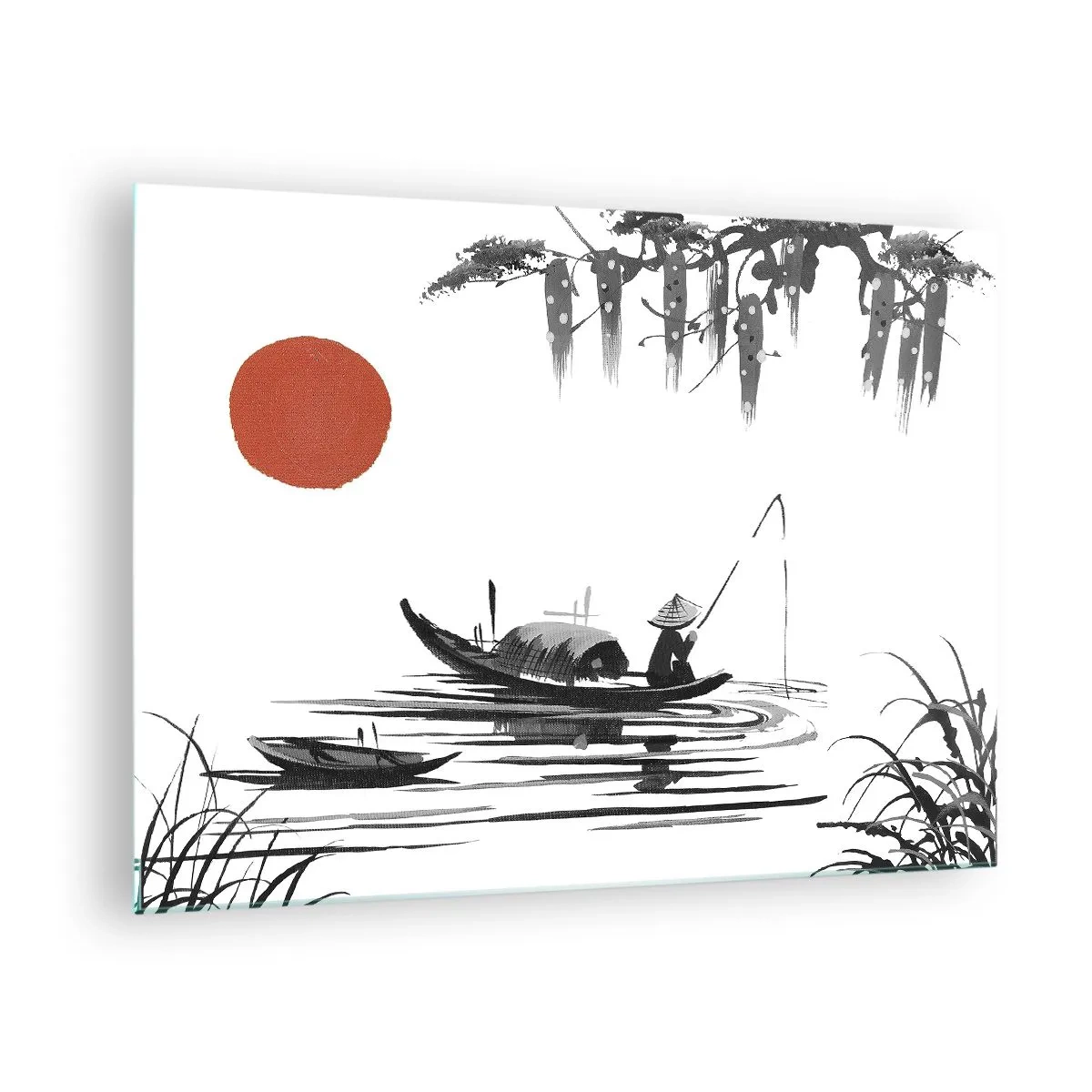 Obraz na skle - Tradičná rybárska loď na rieke s červeným slnkom - 70x50cm - Ázijské popoludnie - Moderná nástenná dekorácia do obývacej izby a spálne ARTTOR