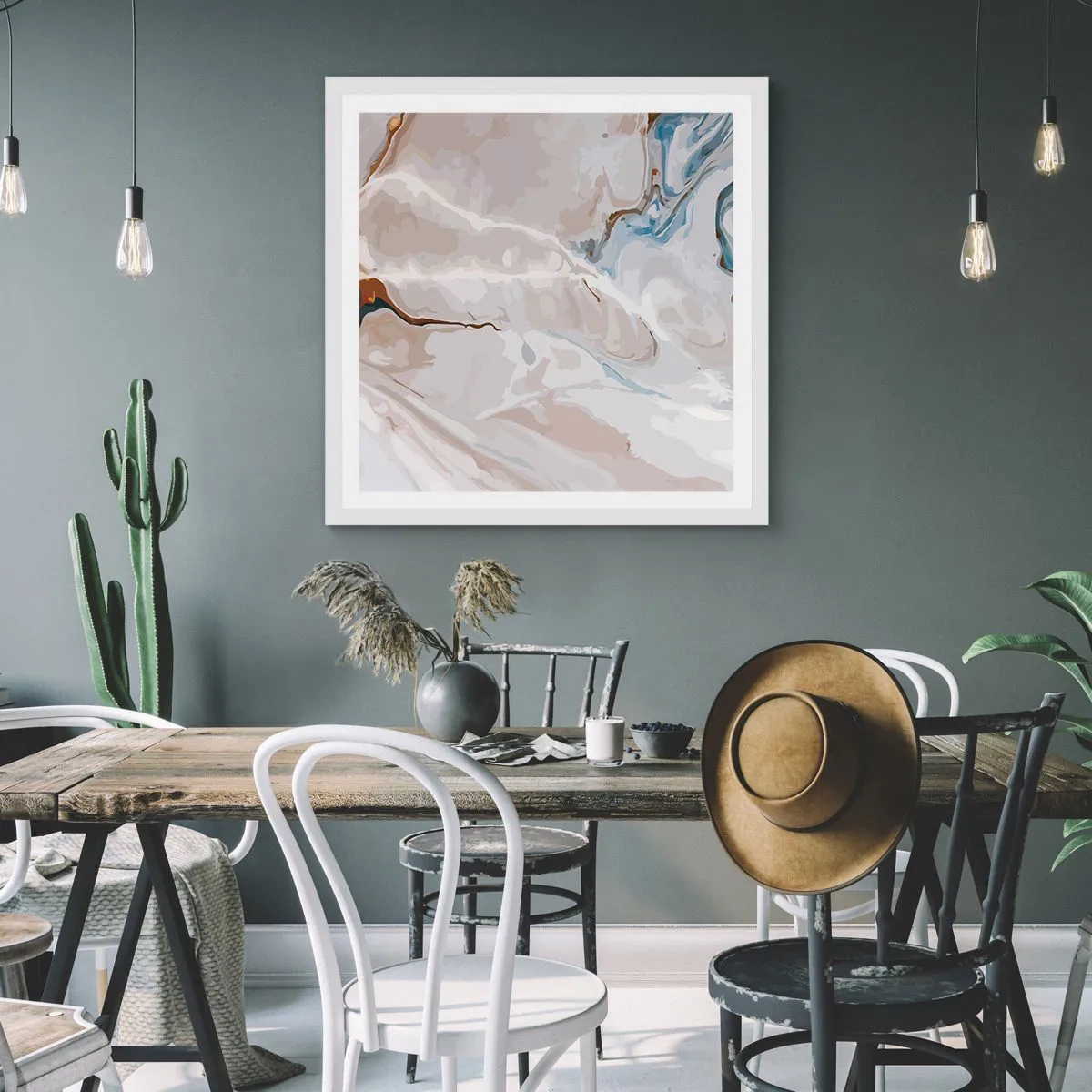 Plagát v bielom ráme - Modré meandre pod bielou - 50x50 cm