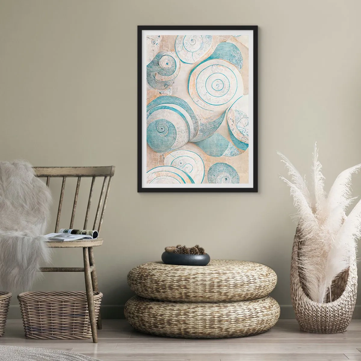 Plagát v čiernom ráme - Abstraktné špirály v odtieňoch modrej a béžovej - 50x70cm - Čo skrýva mušľa? - Moderná nástenná dekorácia do obývacej izby a spálne ARTTOR