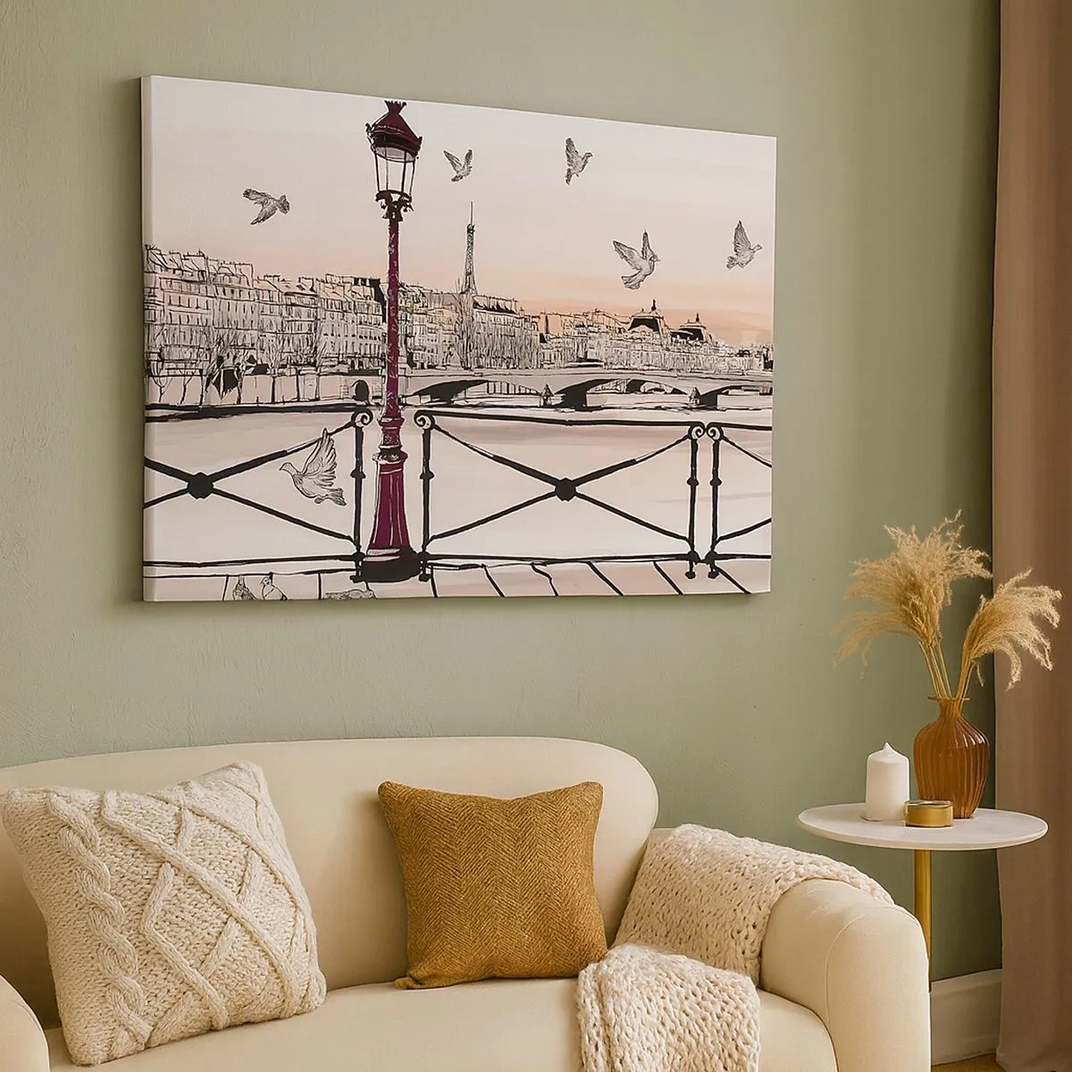 Obraz na plátne - Parížsky výhľad s lampášom a mostom - 70x50cm - Nad strechami Paríža - Moderná nástenná dekorácia do obývacej izby a spálne ARTTOR