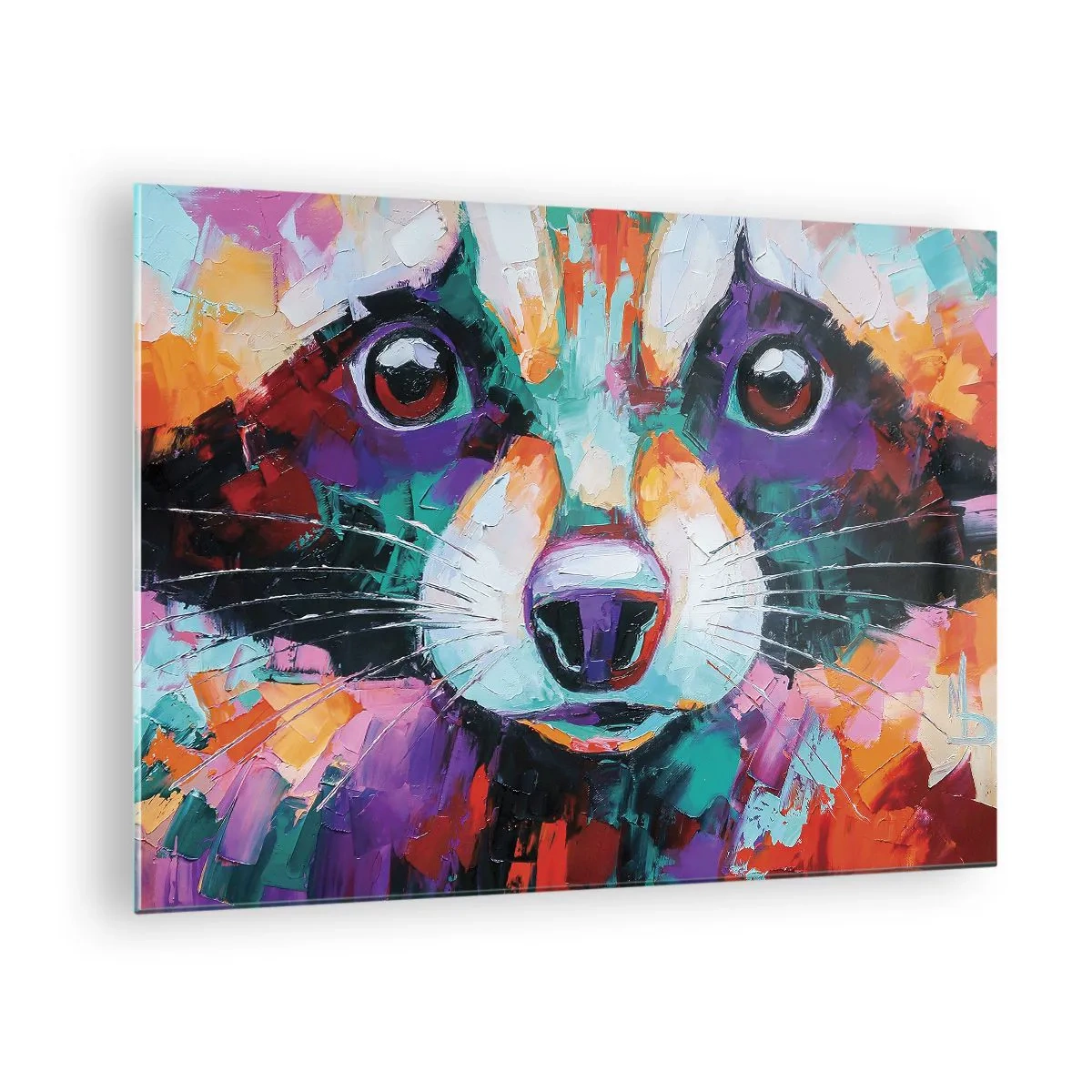 Obraz na skle - Živý a farebný portrét mývala namaľovaný výraznými ťahmi štetcom - 70x50cm - Iba dobré emócie - Moderná nástenná dekorácia do obývacej izby a spálne ARTTOR