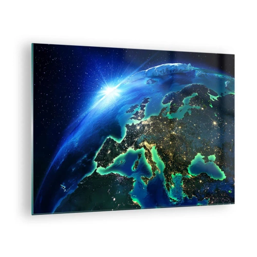 Obraz na skle - Pohľad na Zem z vesmíru s Europou žiariacou v noci - 70x50cm - Iskrivá Európa - Moderná nástenná dekorácia do obývacej izby a spálne ARTTOR