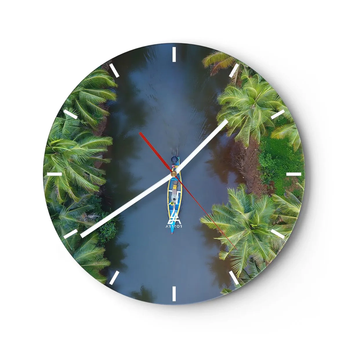 Nástenné hodiny - Loď na tropickej rieke medzi palmami, pohľad z vtáčej perspektívy. - 30x30cm - Na tropickom chodníku - Moderná nástenná dekorácia do obývacej izby, kuchyne a spálne ARTTOR