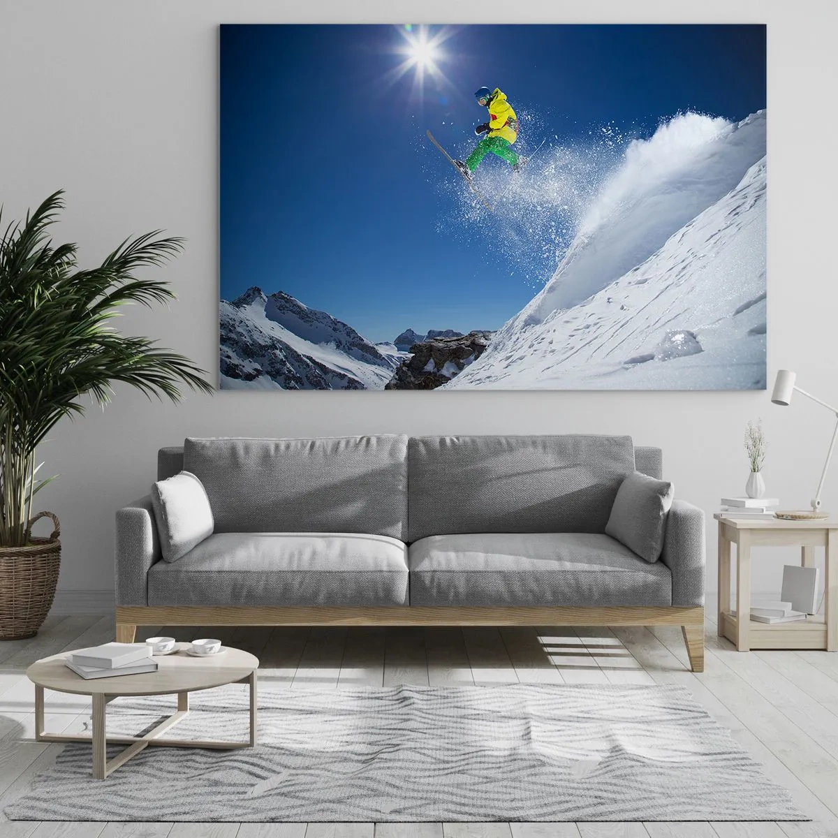 Obraz na skle - Lyžiar v akcii na pozadí zasnežených hôr - 70x50cm - Tancujúci s horami - Moderná nástenná dekorácia do obývacej izby a spálne ARTTOR