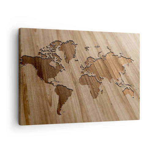 Obraz na plátne - Mapa sveta vyrezaná na drevenom povrchu - 70x50cm - Svet podaný na stole - Moderná nástenná dekorácia do obývacej izby a spálne ARTTOR