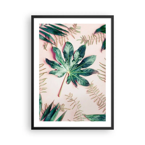 Plagát v čiernom ráme - Listy v rôznych odtieňoch zelenej na ružovom pozadí - 50x70cm - Štúdia zelenej na ružovom pozadí - Moderná nástenná dekorácia do obývacej izby a spálne ARTTOR