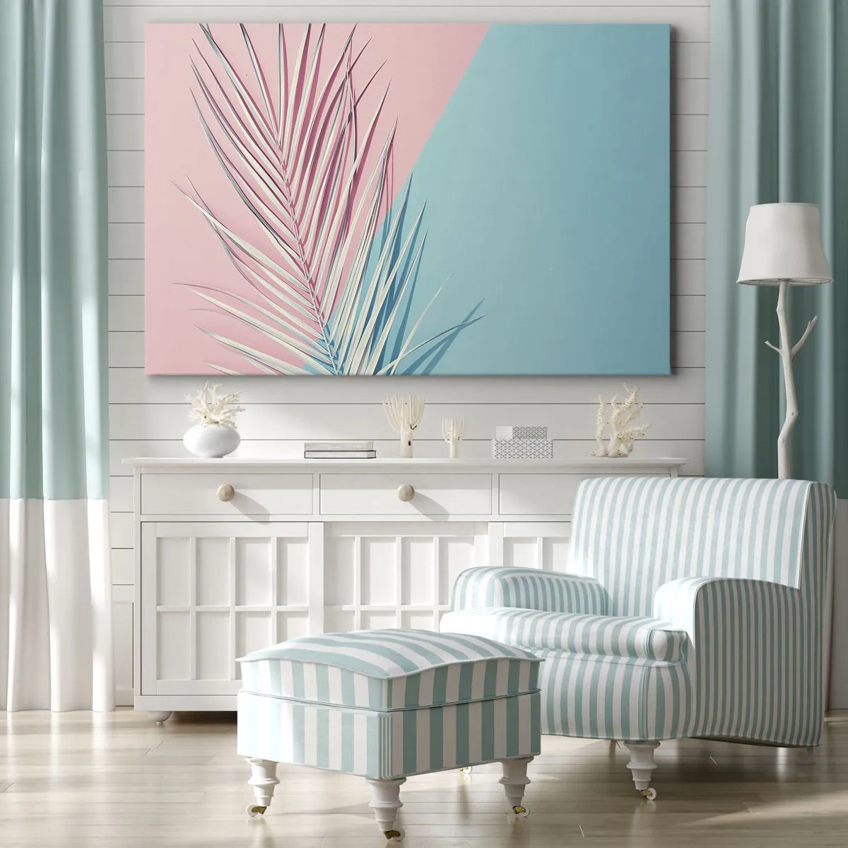 Obraz na plátne - Tropický list na pozadí pastelových odtieňov ružovej a modrej - 70x50cm - Tropický dojem - Moderná nástenná dekorácia do obývacej izby a spálne ARTTOR
