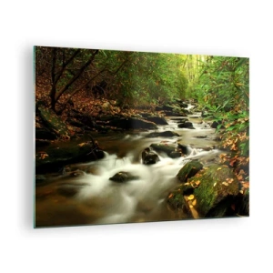 Obraz na skle - Potok v lese obklopený kameňmi a listami - 70x50cm - Ako tekuté striebro - Moderná nástenná dekorácia do obývacej izby a spálne ARTTOR
