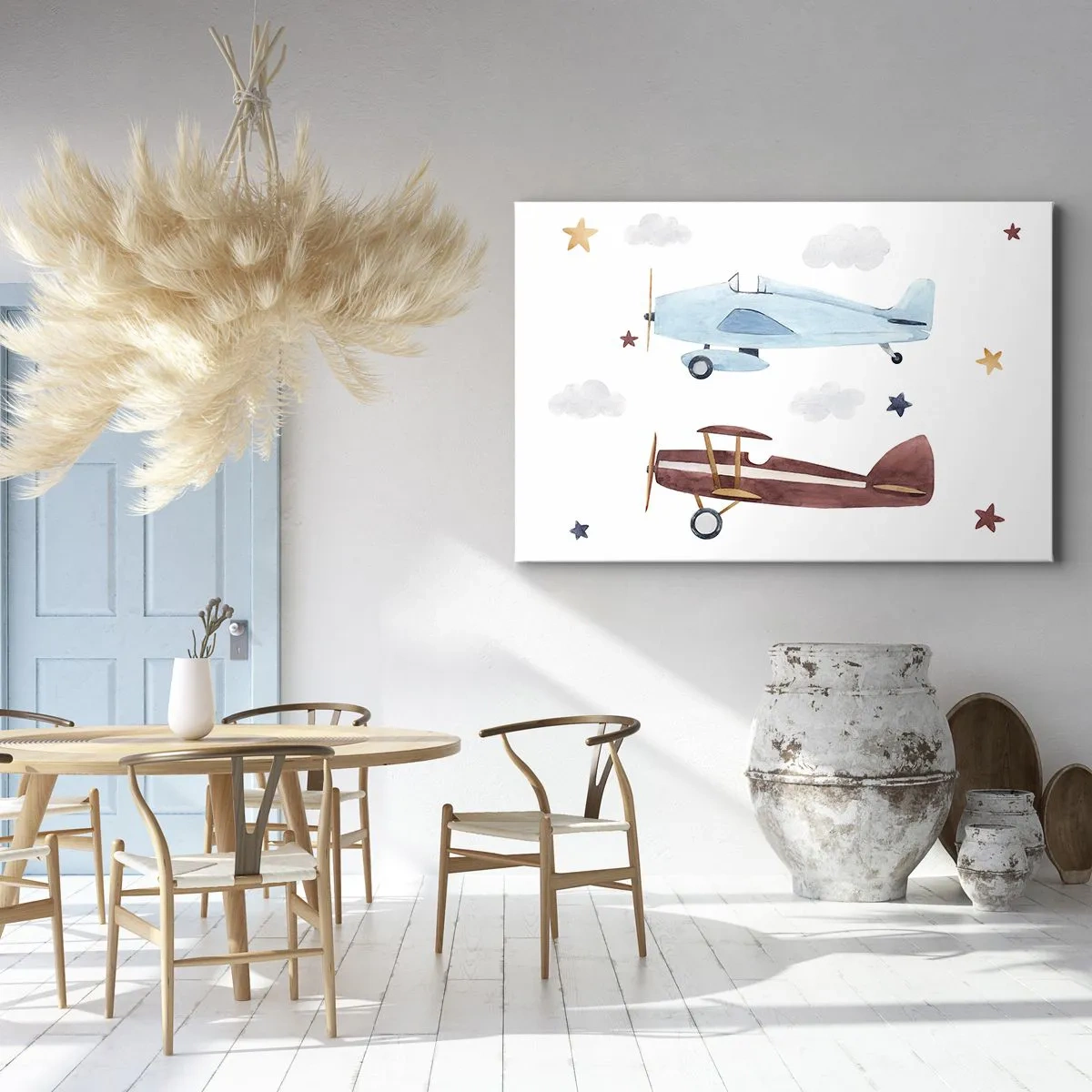 Obraz na plátne - Ručne maľované lietadlá na pozadí oblakov a hviezd - 70x50cm - Pán pilot, čakáme! - Moderná nástenná dekorácia do obývacej izby a spálne ARTTOR