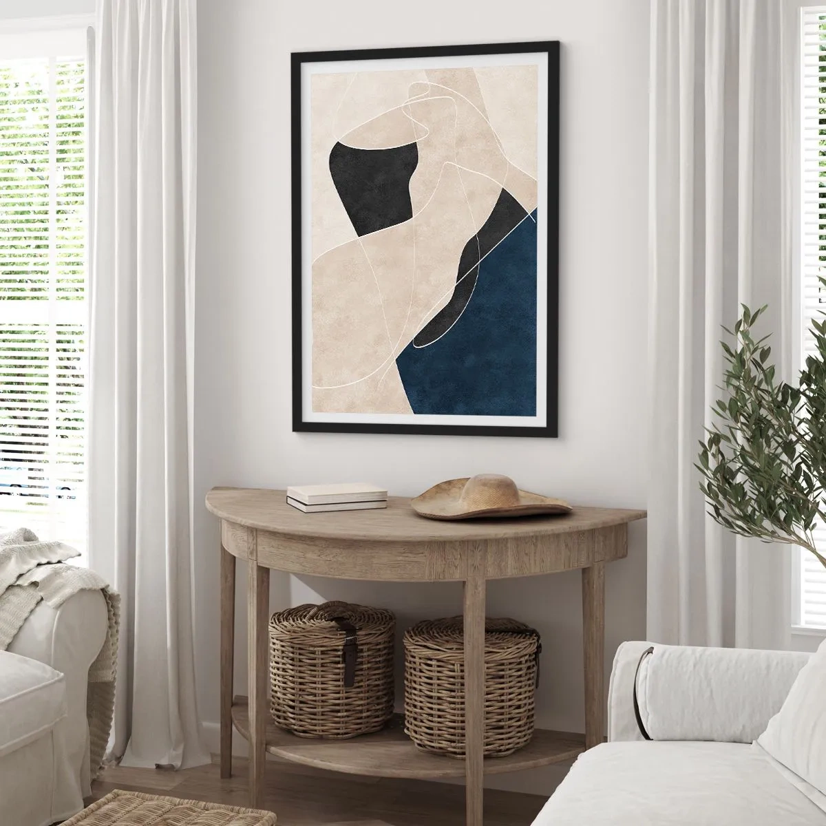 Plagát v čiernom ráme - Geometrická abstrakcia v odtieňoch béžovej, čiernej a námorníckej modrej - 50x70cm - Abstraktná kompozícia – kontrast farieb - Moderná nástenná dekorácia do obývacej izby a spálne ARTTOR