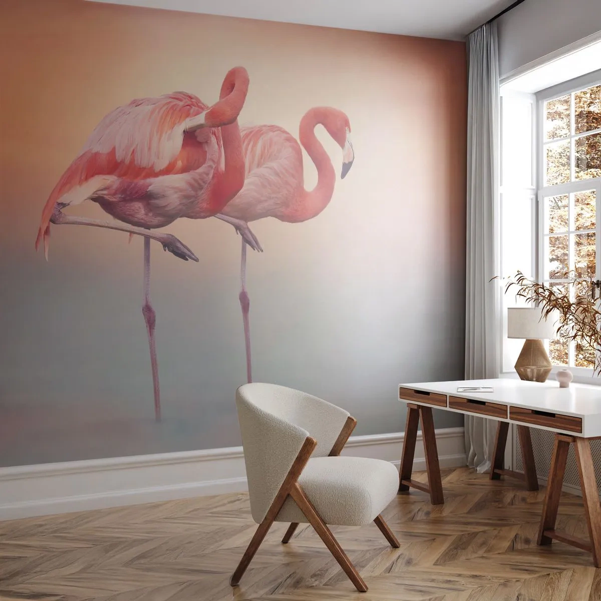 Fototapeta Standard Eco - Vo farbe zapadajúceho slnka - Plameniaky, Vtáky, Príroda - 200x140 cm