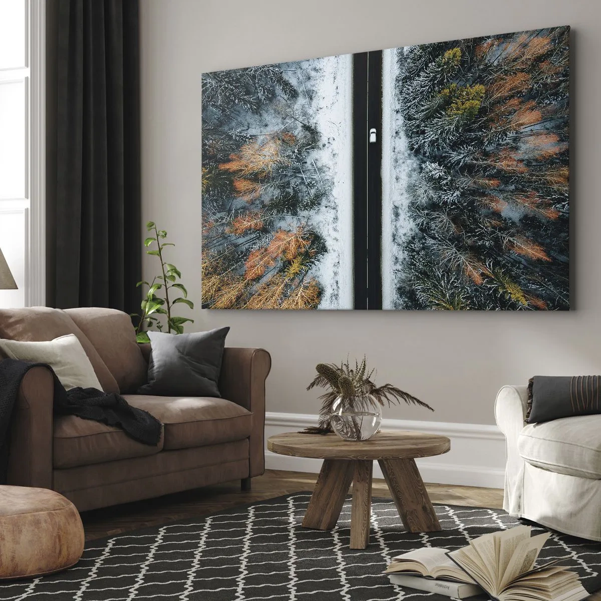 Obraz na plátne - Cesta cez zimný les z vtáčej perspektívy - 70x50cm - Cez zimný les - Moderná nástenná dekorácia do obývacej izby a spálne ARTTOR
