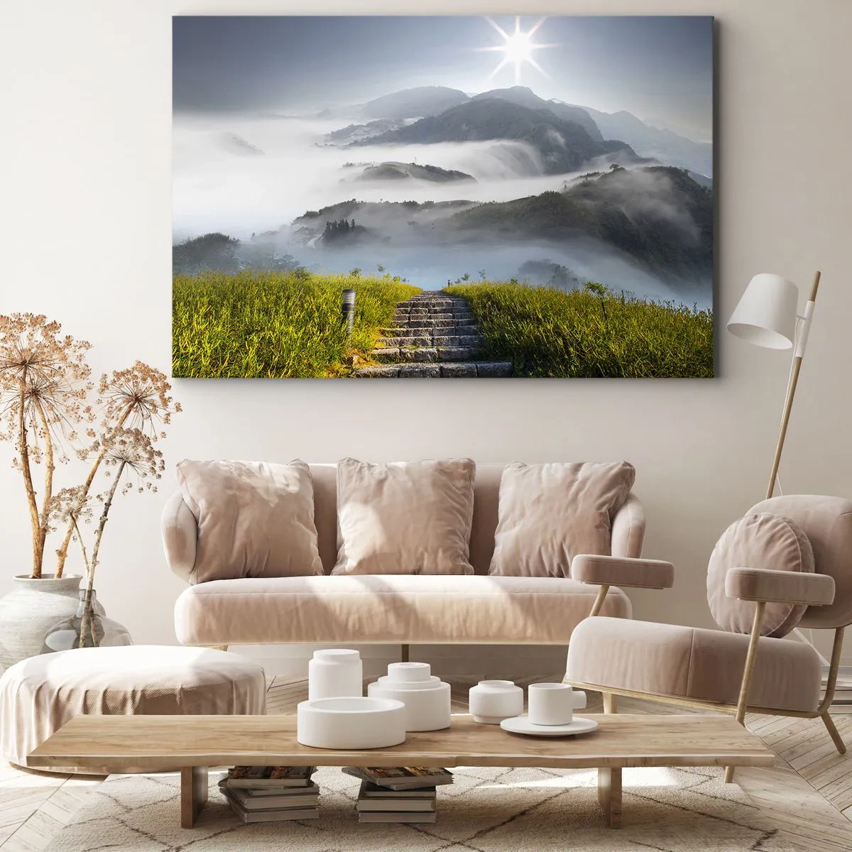 Obraz na plátne - Kamenné schody vedúce cez hory zahalené v rannej hmle - 70x50cm - Stále hore k oblakom - Moderná nástenná dekorácia do obývacej izby a spálne ARTTOR