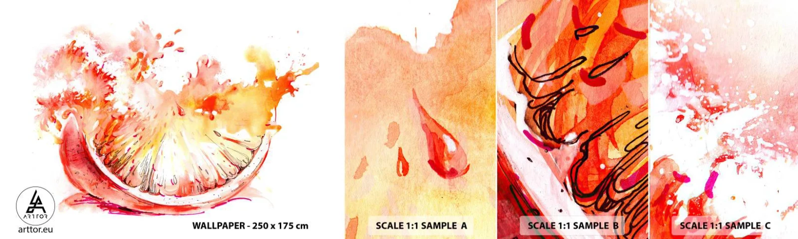 Vzorka samolepiacej fototapety Deluxe Sticker - Šťavnaté osvieženie - Abstrakcia, Oranžová, Grafika - 100x30 cm