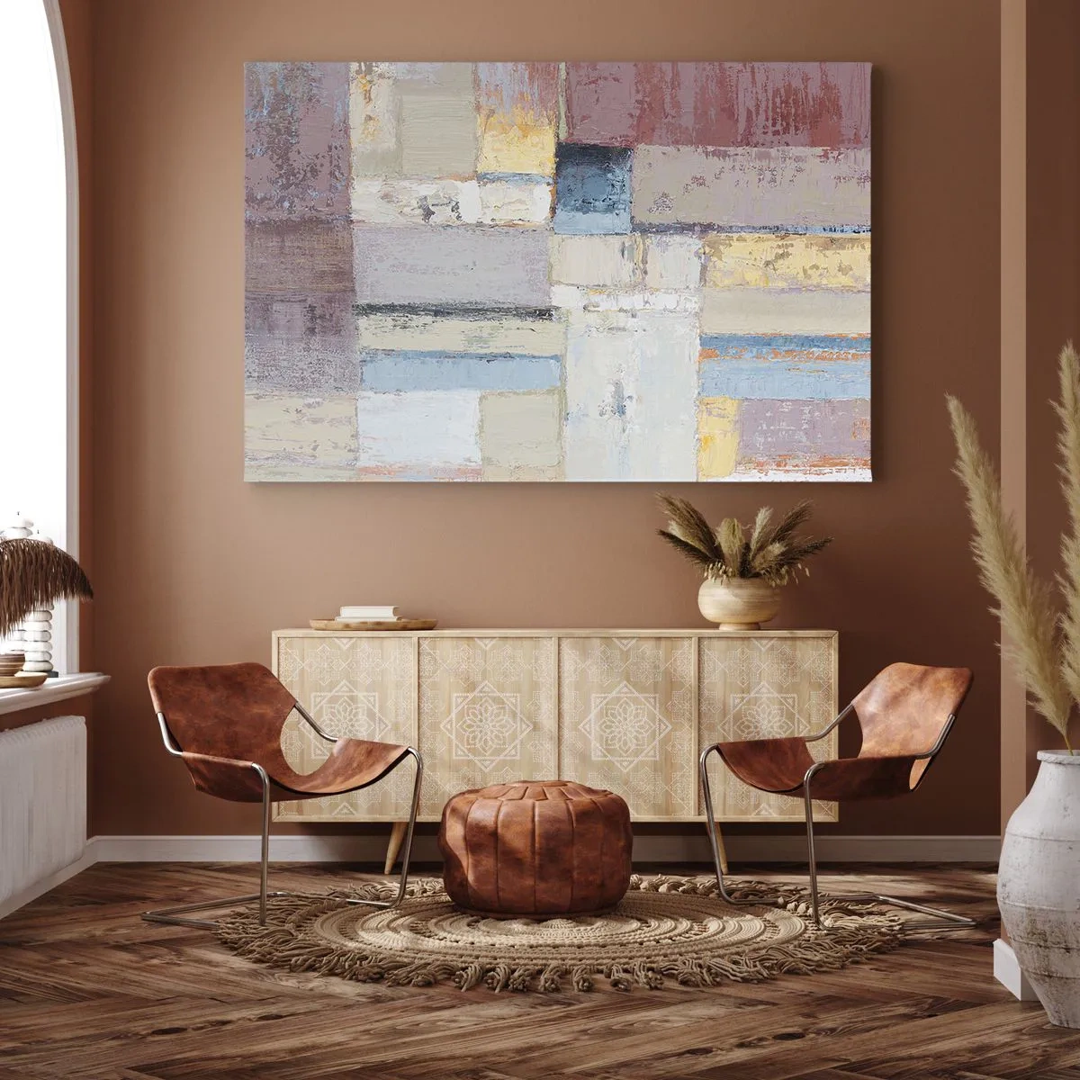 Obraz na plátne - Geometrická kompozícia v pastelových farbách - 70x50cm - Kľud geometrie - Moderná nástenná dekorácia do obývacej izby a spálne ARTTOR