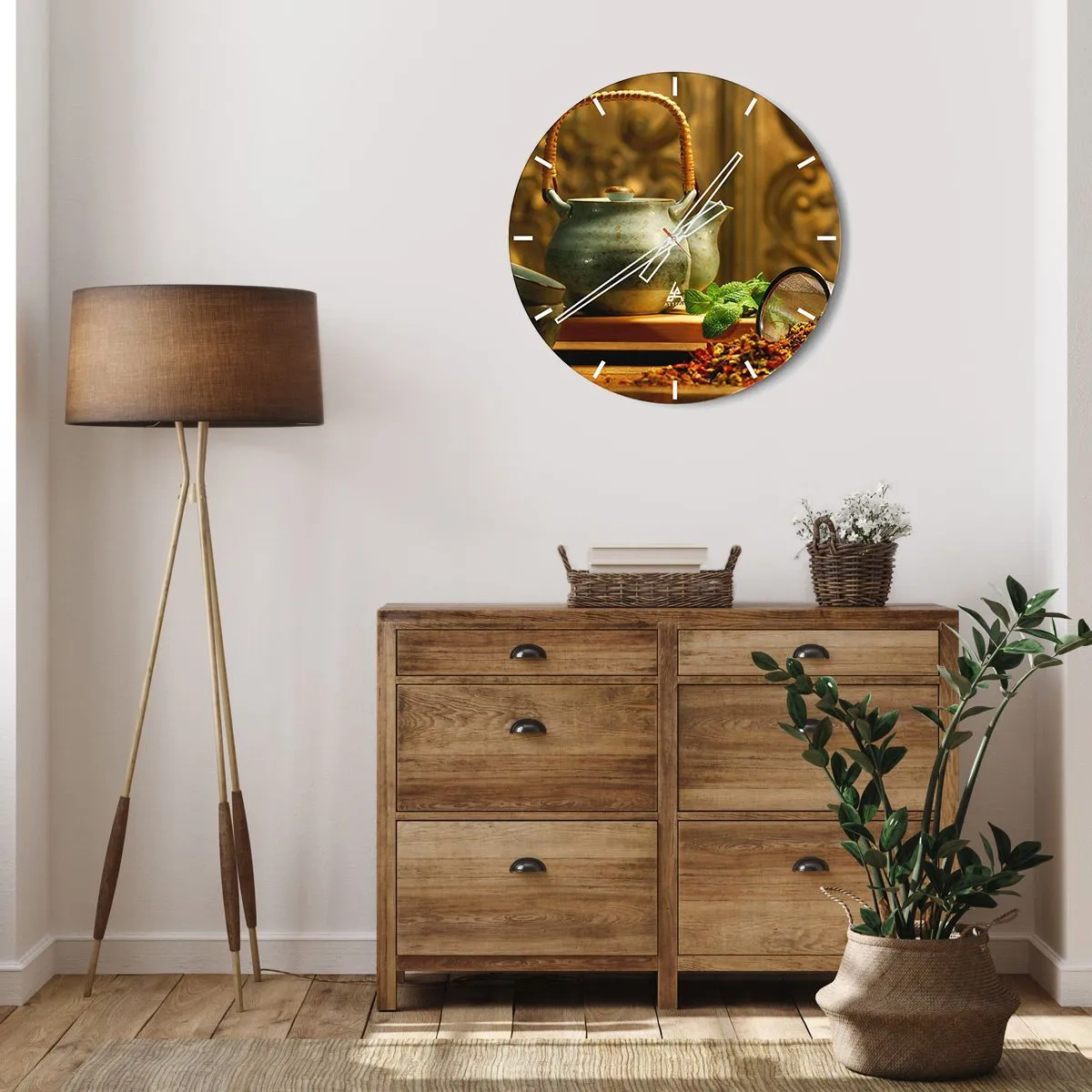 Nástenné hodiny - Kanvička na zelený čaj s čerstvými lístkami mäty - 30x30cm - Traktát o pití čaju - Moderná nástenná dekorácia do obývacej izby, kuchyne a spálne ARTTOR