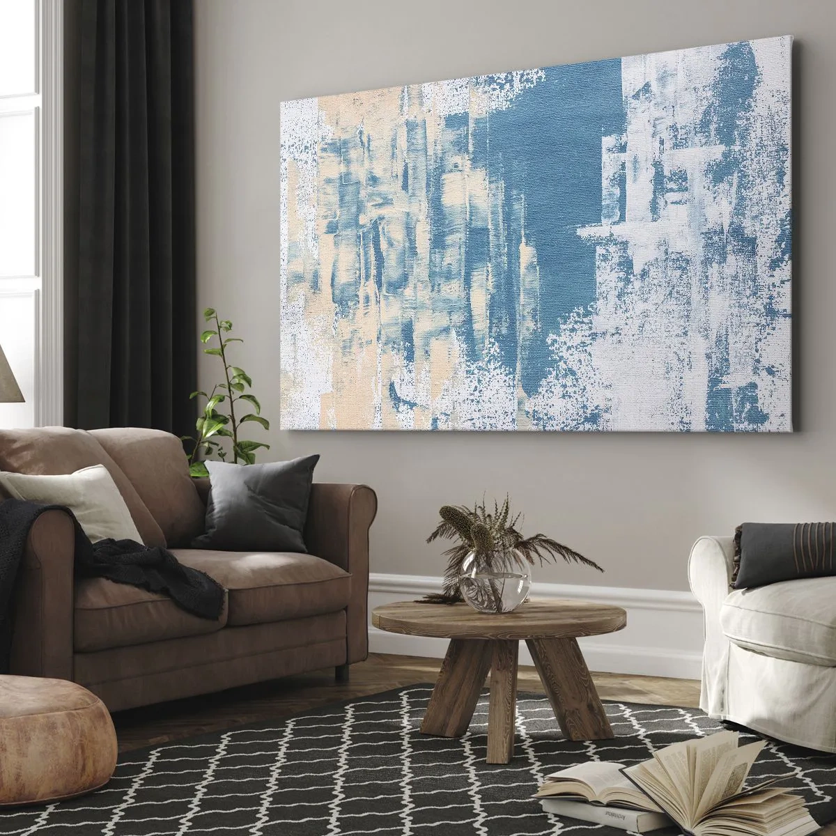 Obraz na plátne - Abstraktná kompozícia v odtieňoch modrej a bielej - 70x50cm - Cez cencúľ - Moderná nástenná dekorácia do obývacej izby a spálne ARTTOR