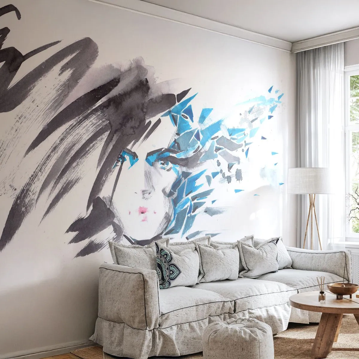 Fototapeta Standard Eco - Abstraktná ženská tvár s dynamickým efektom rozbitia - 100x70cm - Zmyselný portrét v šedej a modrej - Moderná nástenná dekorácia do obývacej izby a spálne ARTTOR