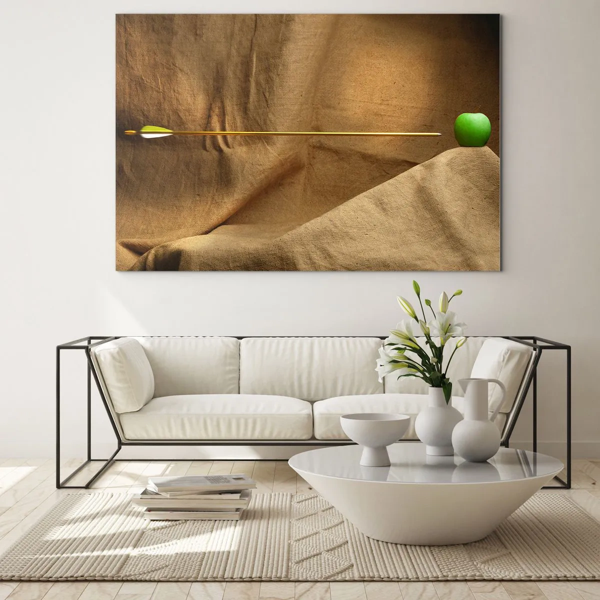 Obraz na skle - Zelené jablko na béžovom pozadí s prepichnutým šípom. - 70x50cm - Privolať ducha Wilhelma Tella - Moderná nástenná dekorácia do obývacej izby a spálne ARTTOR