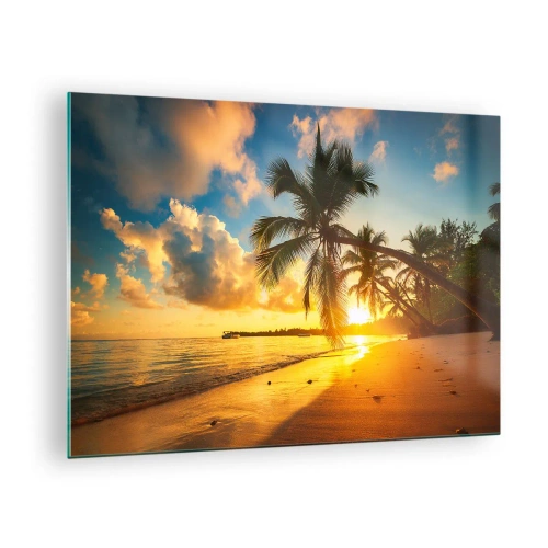 Obraz na skle - Tropická pláž s palmami pri západe slnka - 70x50cm - Karibský sen - Moderná nástenná dekorácia do obývacej izby a spálne ARTTOR