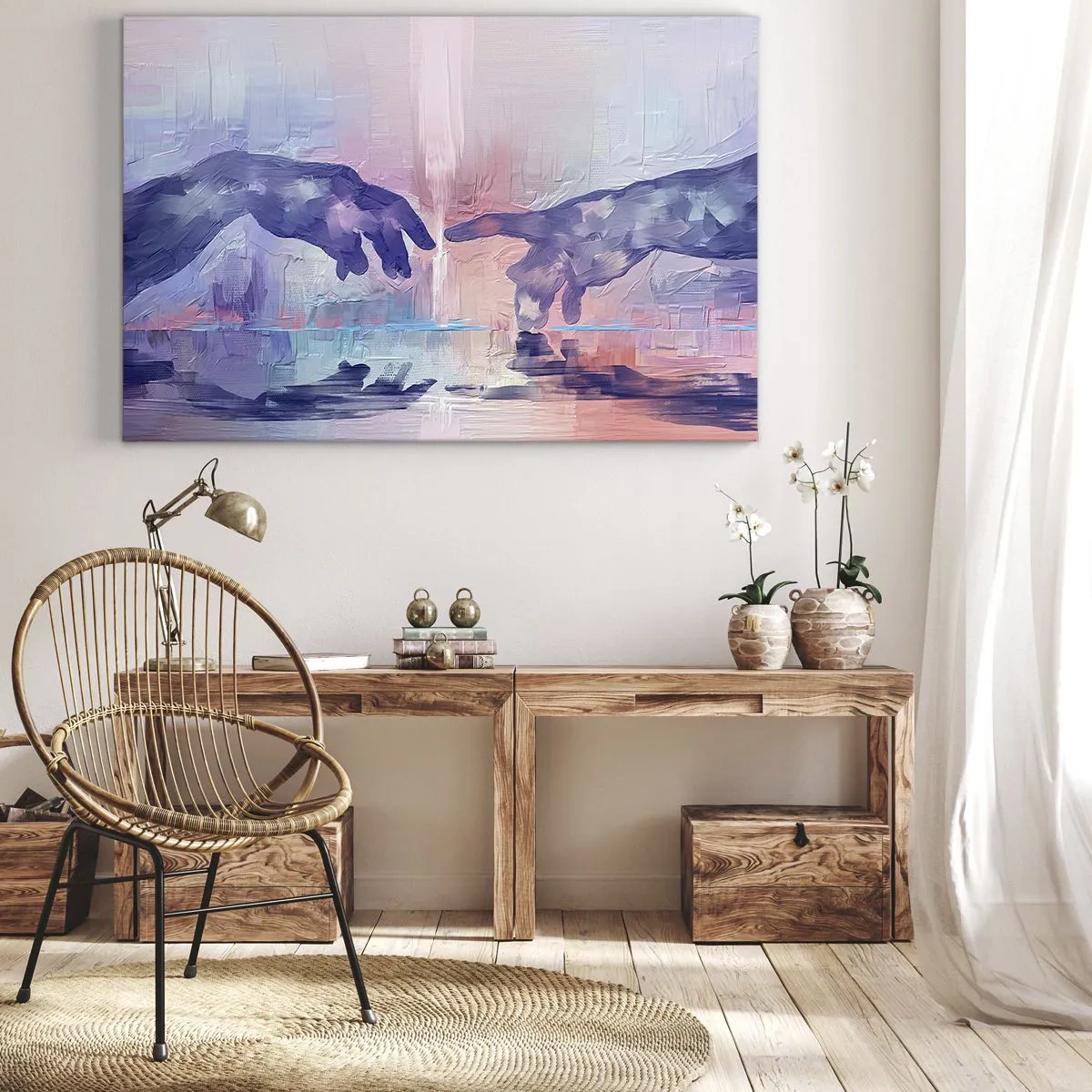 Obraz na plátne - Symbolické ruky v abstraktných farbách, odkazujúce na tému stvorenia - 70x50cm - Božská iskra života - Moderná nástenná dekorácia do obývacej izby a spálne ARTTOR