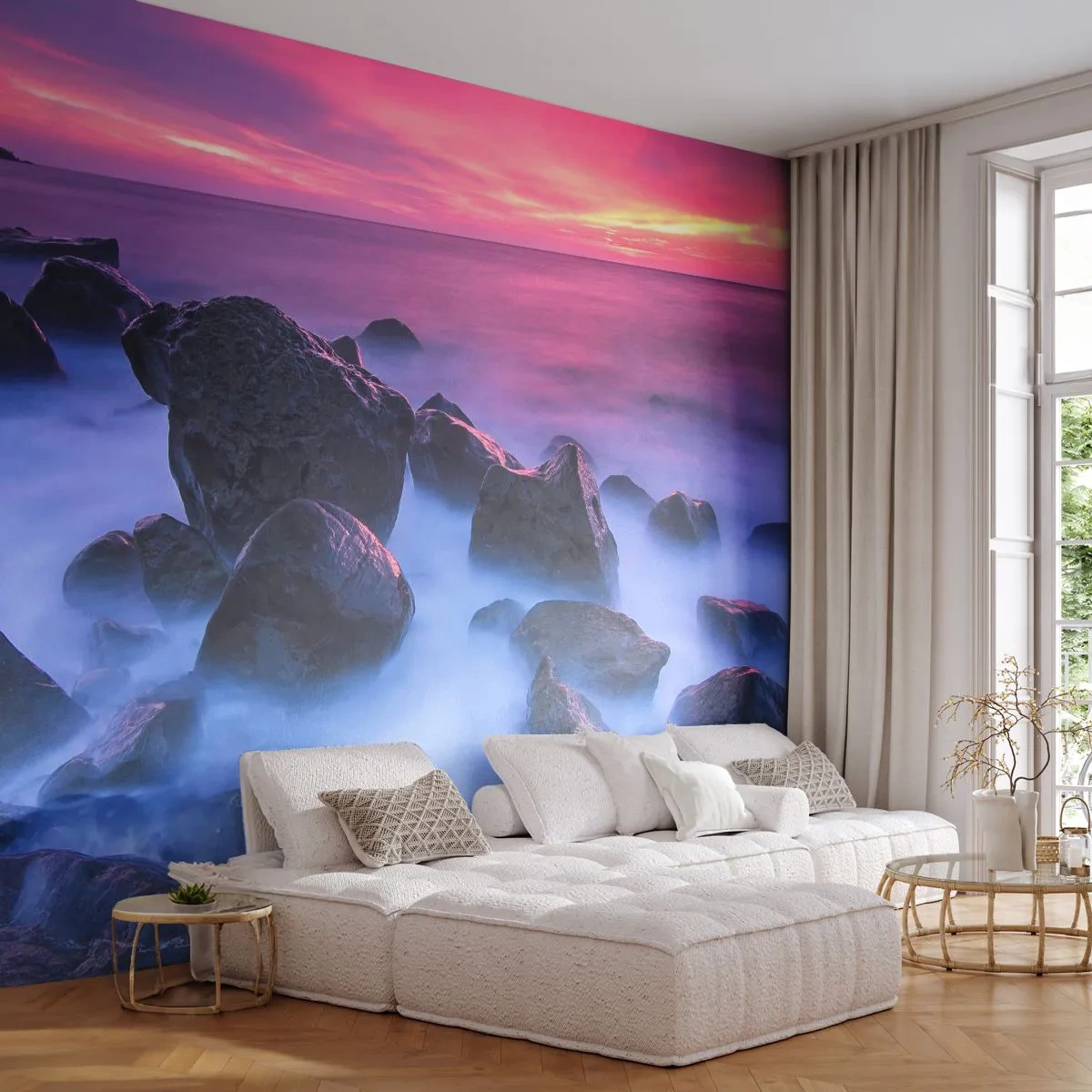 Samolepiaca Fototapeta Deluxe Sticker - Narodeniny v lesku a v hmle - Krajina, oceán, Západ slnka - 250x175 cm
