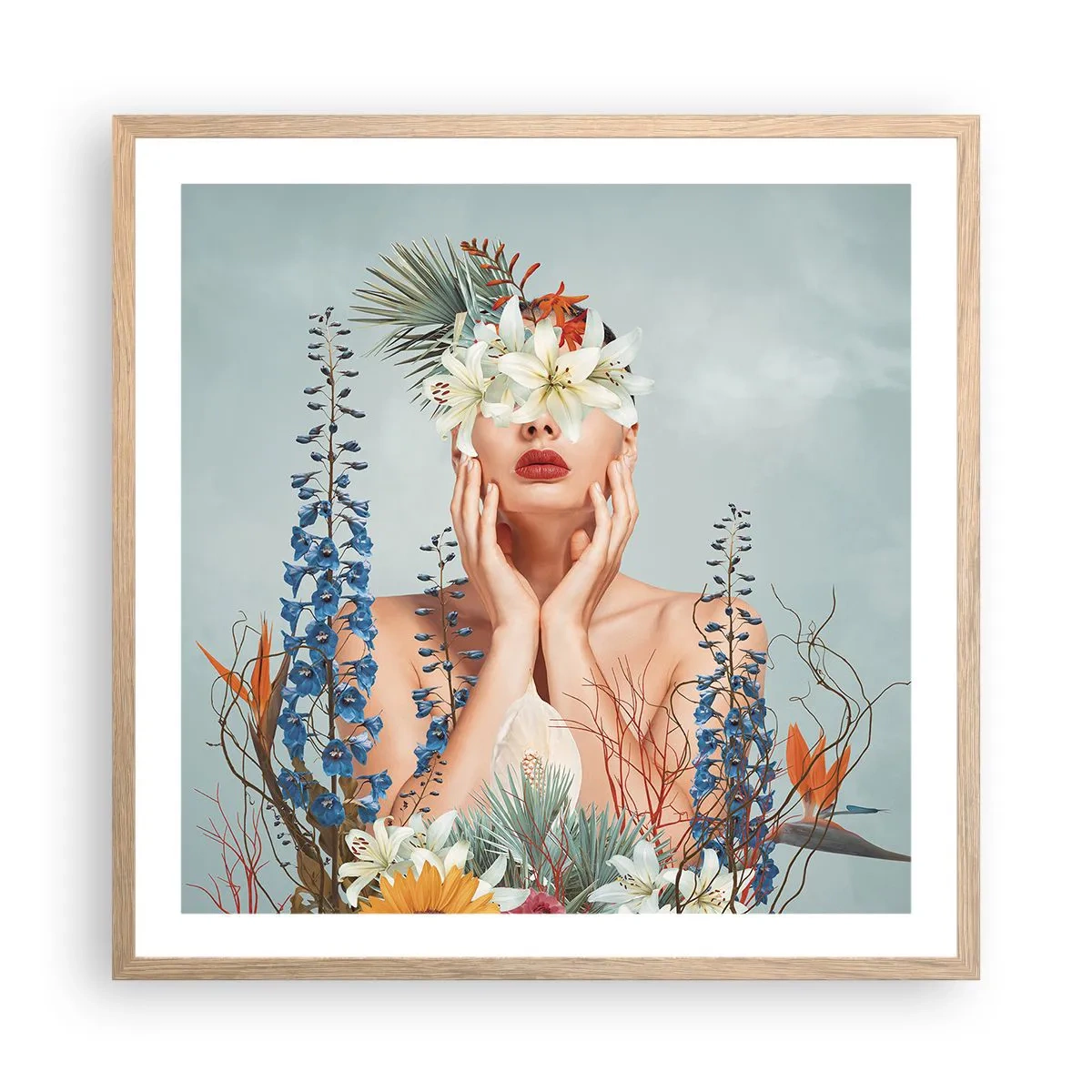Plagát v ráme zo svetlého duba - Žena – kvetina - 60x60 cm