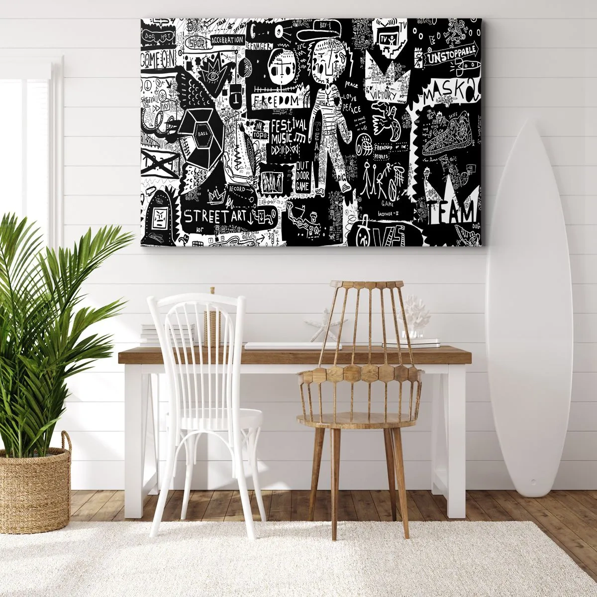 Obraz na plátne - Čiernobiela koláž inšpirovaná pouličným umením - 70x50cm - Práva a radosti duševnej mladosti - Moderná nástenná dekorácia do obývacej izby a spálne ARTTOR