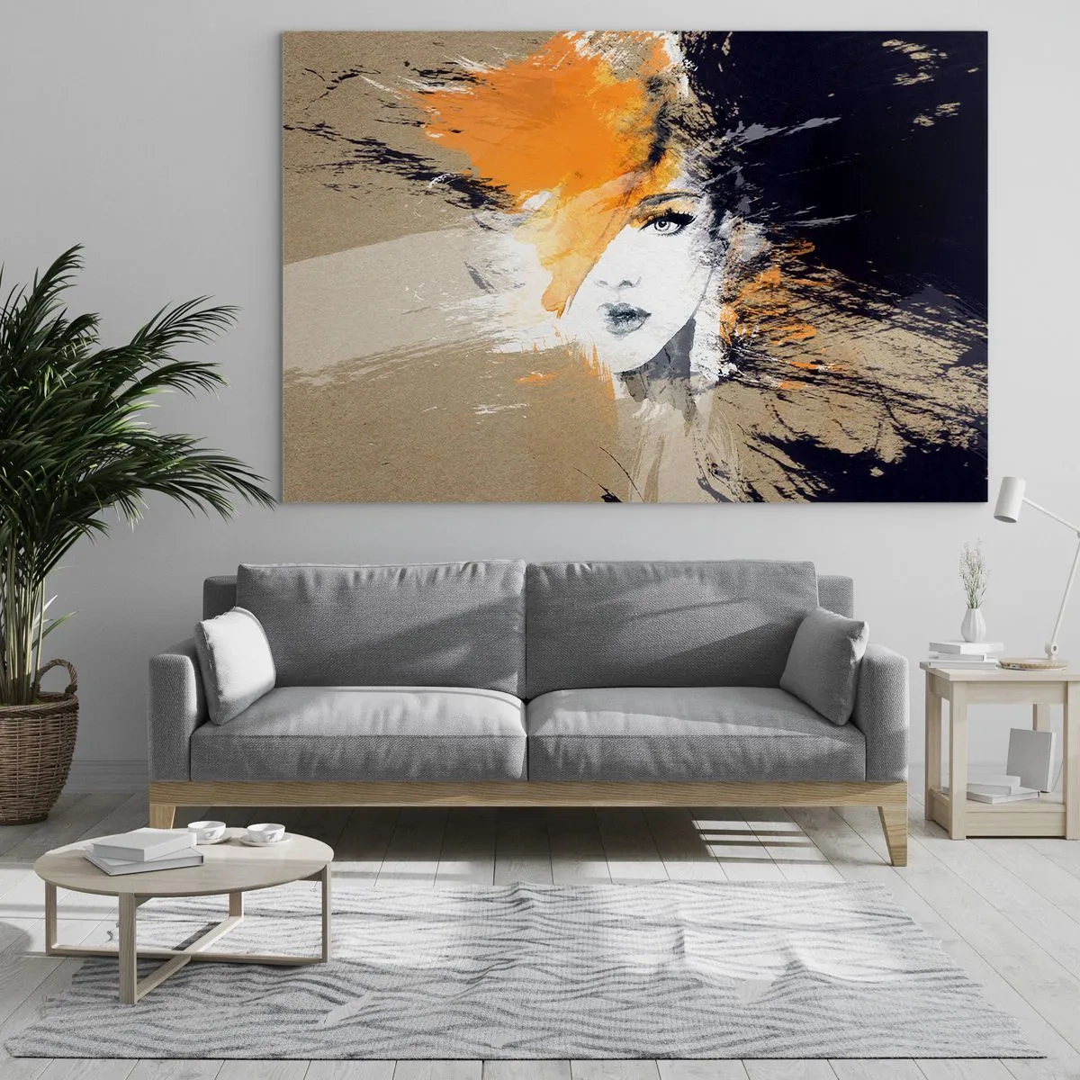 Obraz na skle - Abstraktný portrét ženy s oranžovými akcentmi - 70x50cm - A je svetlo - Moderná nástenná dekorácia do obývacej izby a spálne ARTTOR
